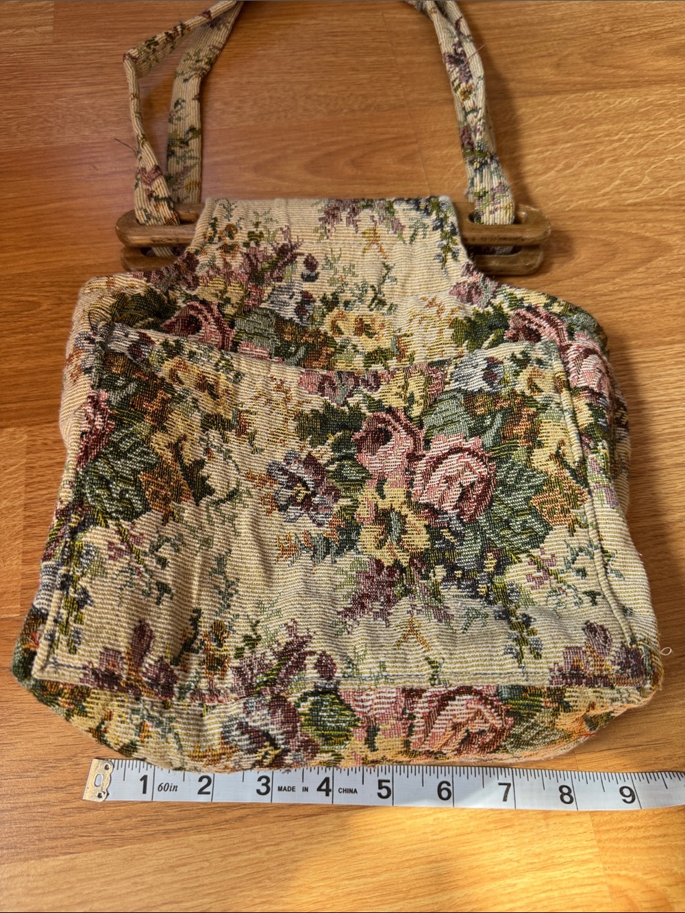 Vintage 90s Unique Creations Floral Tapestry Bag Wooden Handle cottagecore - Picture 5 of 11